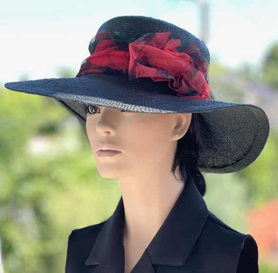Women's Formal Black Straw Hat, Wedding Guest Hat, Church Hat Women's Black and Red Hat Original one-of-a-kind hat Tea Party Hat Wedding Hat