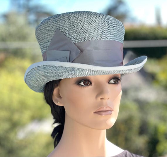 Women's Light Blue Formal Hat Wedding Guest Hat, Ladies Top Hat Derby Hat Princess Kate Hat Ascot Hat, Mad Hatter Women's Light blue Top Hat