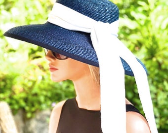 Navy Wedding Hat, Audrey Hepburn Hat, Women's Navy and White Hat, Derby Hat, Breakfast at Tiffany's Hat, Ladies Formal Hat, Ascot Hat