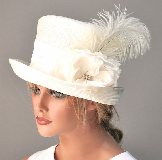 Kentucky Derby Hat, Ivory Wedding Hat, Millinery, Bridal Hat, Women's White Hat, Ladies Ivory Top Hat, Mad Hatter, Special Occasion Hat