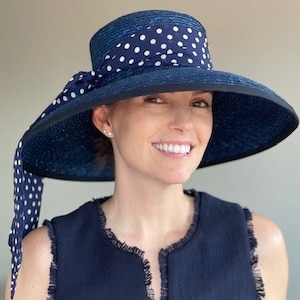 Women&#39;s Navy Hat, Kentucky Derby Hat, Wedding Hat, Ladies Navy Blue Hat, Polka Dot Hat, Church Hat, Mother of Bride Hat Mother of Groom Hat