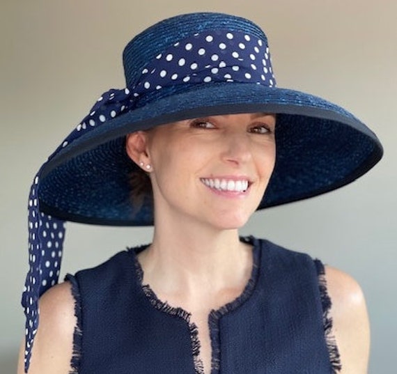 Women's Navy Hat, Kentucky Derby Hat, Wedding Hat, Ladies Navy Blue Hat, Polka Dot Hat, Church Hat, Mother of Bride Hat Mother of Groom Hat