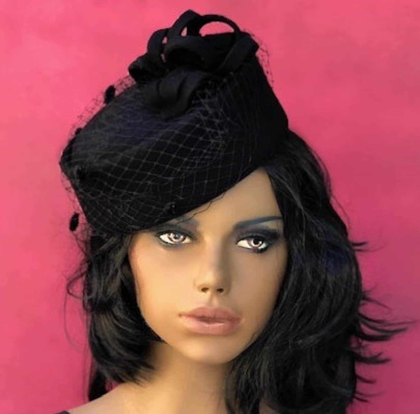 Black Pillbox Hat Cocktail Hat Funeral Hat Ladies Black Etsy