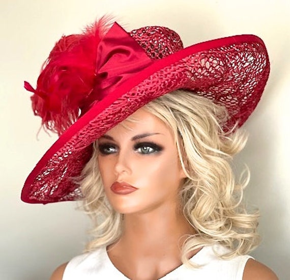 Kentucky Derby Hat, Women's Formal Red Hat, Wide Brim Red Hat, Dressy Hat, Church Hat, Races Hat, Ascot Hat, Millinery, Occasion Hat