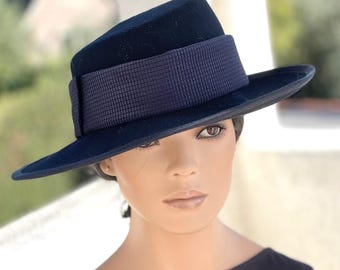 Women's Navy Wide Brim Felt Hat Formal Navy Blue Wedding Guest  Dressy Winter Felt Hat Cheltenham Races Hat Navy Derby Hat Treacy style hat