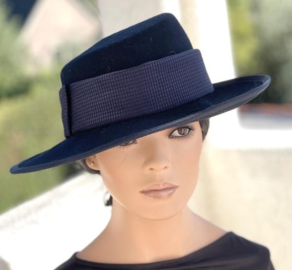 Women's Navy Wide Brim Felt Hat Formal Navy Blue Hat Wedding Guest Hat Dressy Winter Felt Hat Cheltenham Races Hat Navy Derby Hat Millinery