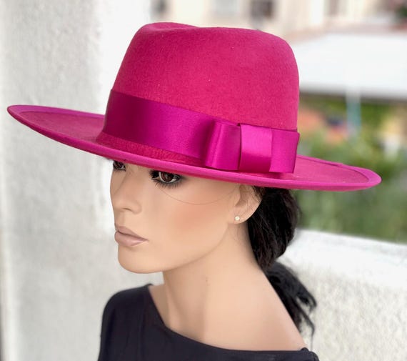 Women's Pink Fuchsia Formal Felt Hat Wedding Guest Hat Pink Wide Brim Wool Felt Hat Church Hat Mother of Bride Mother of Groom Hat Millinery