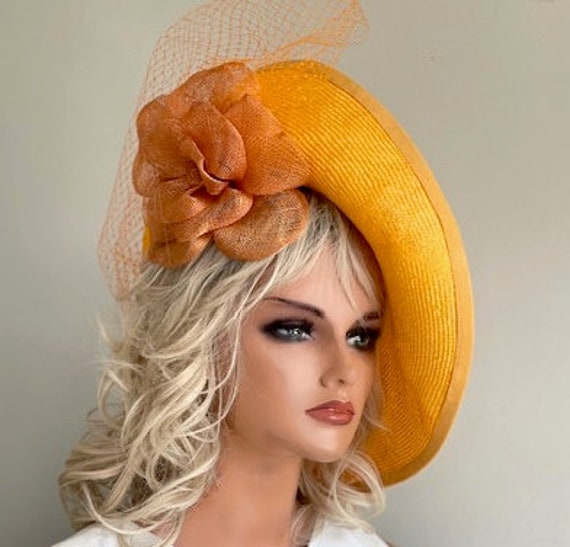 Kentucky Derby Hat, Women's Fascinator Saucer Hat, Formal Hat, Kate Middleton Hat, Church Hat, Gold Yellow Hat, Easter Hat, Royal Ascot Hat