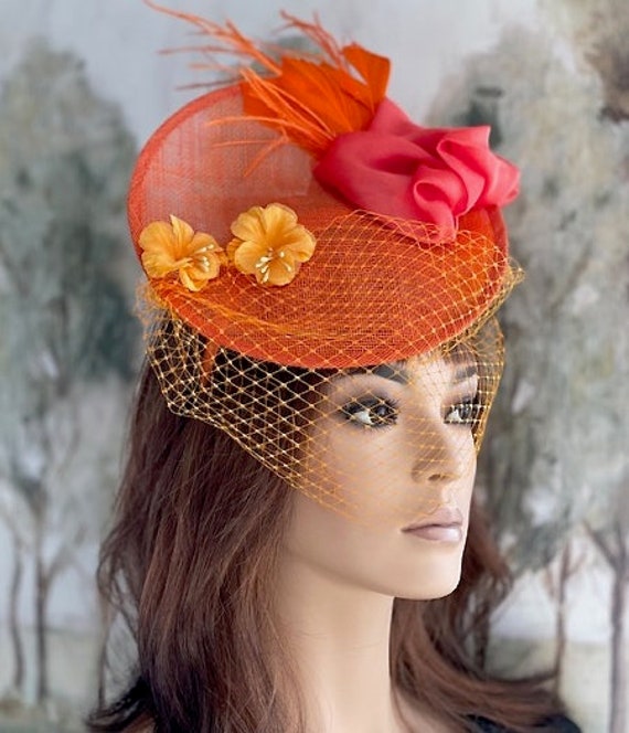 Kentucky Derby Hat, Women's Fascinator Hat, Wedding Hat, Ascot Hat, Kate Middleton Hat, Women's Peach Orange Formal Hat, Disc Saucer Hat