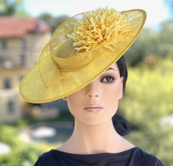 Derby Hat Wedding Guest Hat  Women's Formal Yellow Hat  Princess Kate Hat Wide Brim Yellow Church Hat Race Day Hat, Ascot hat Tea Party Hat