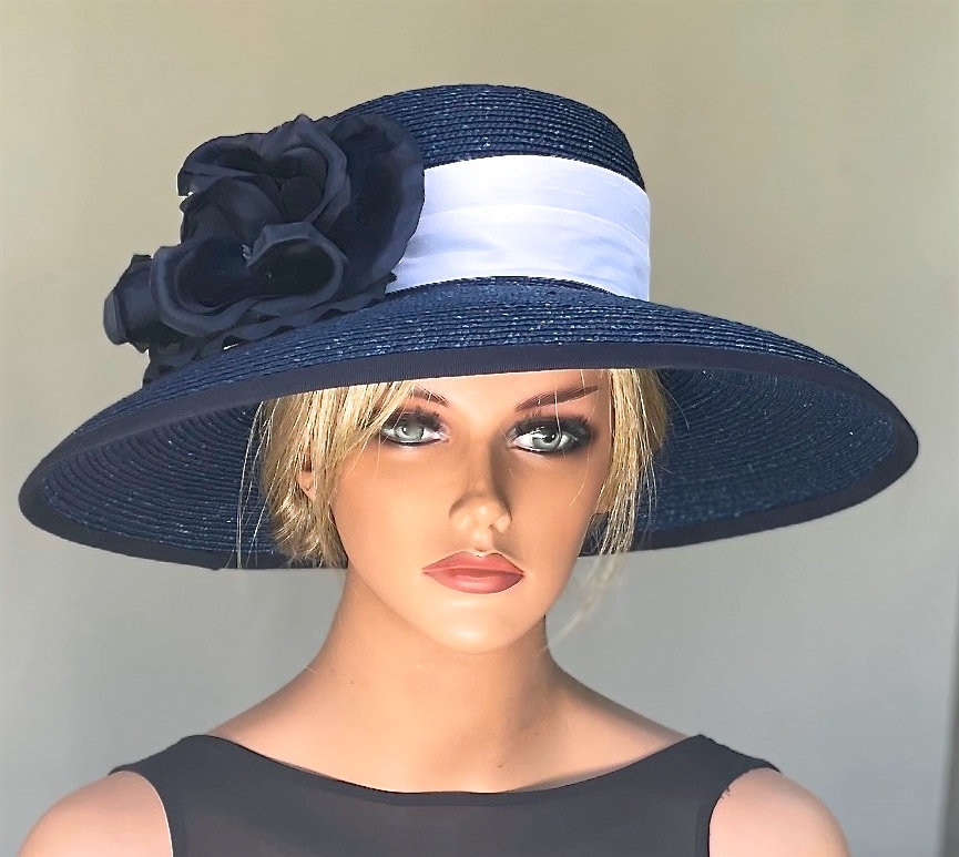 Women's Navy Derby Hat, Wedding Hat, Ladies Formal Navy Hat, Wide Brim