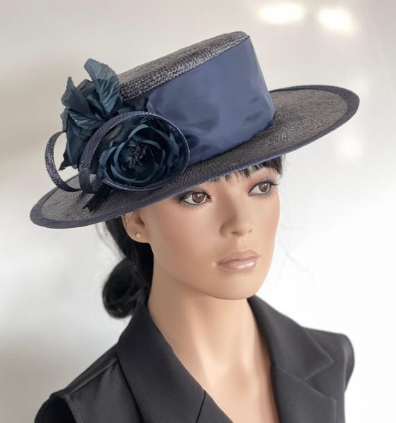 Women's Navy Boater Hat, Wedding Hat, Formal Navy Wide Brim Hat, Mother of Bride Hat, Mother of Groom Hat Women's Derby Races Hat Church Hat