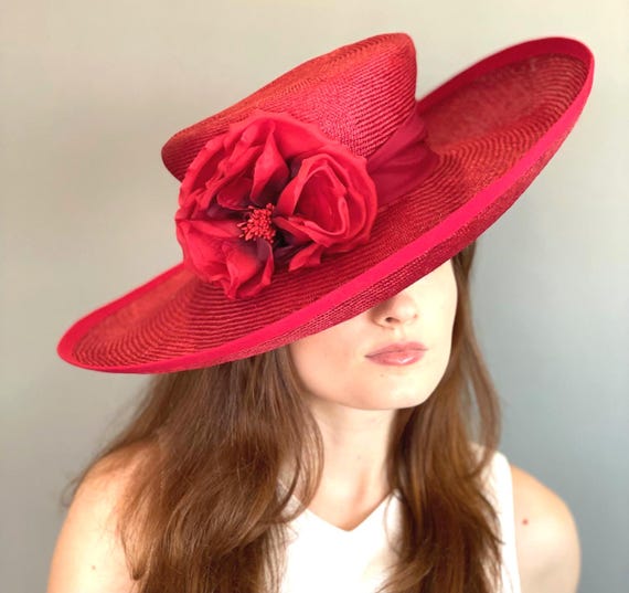 Kentucky Derby Hat, Women's Red Wide Brim Formal Hat, Wedding Guest Hat, Women's Derby Hat, Church Hat, Garden Party Hat,  Occasion Hat