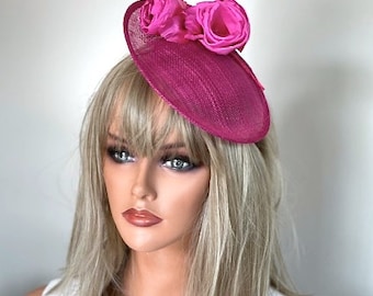 Women's Pink Saucer Hat, Kate Middleton Hat, Royal Ascot Hat, Wedding Hat, Flower Fascinator Hat,  Formal Fuchsia Hat, Pink Derby Hat,