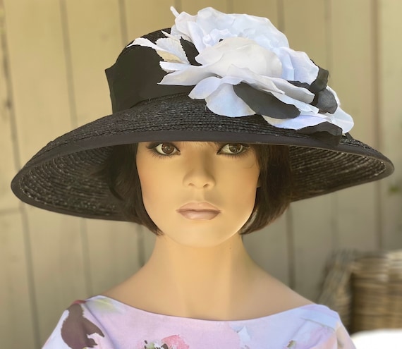 Kentucky Derby Hat, Women's Black and White Formal Hat, Wide Brim Hat, Church Hat, Wedding Hat