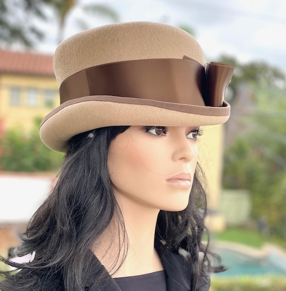 Women\'s Elegant Church Fedoras Wool Felt Vintage Beret Wedding Veil Cap Khaki Womens Fedoras Light Camel Wool Felt Top Hat With... From  main image 3