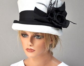 Ladies Black & White Hat Wedding Hat Top Hat Mad Hatter Kentucky Derby Hat Millinery Women's Derby Hat Formal Navy and White Hat Church Hat