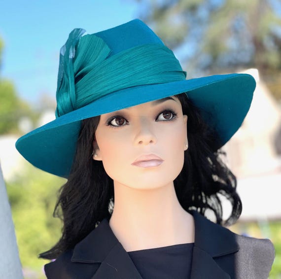 Women's Formal Turquoise Winter Hat Ladies Handmade Couture Wool Felt Wide Brim Hat Wedding Guest Hat, Women's Fedora Derby Hat, Church Hat