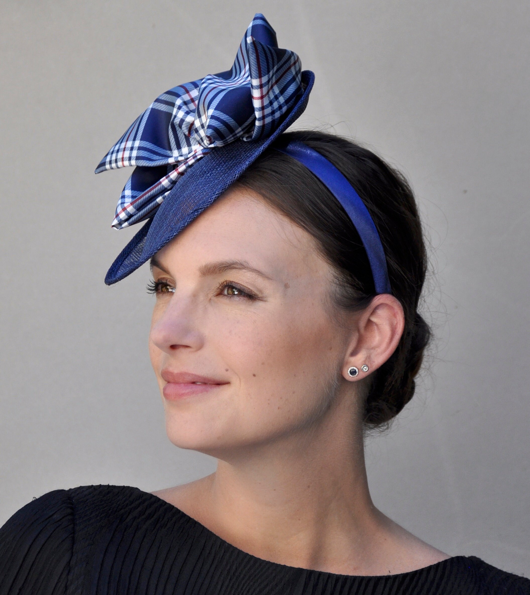 Blue Fascinator, Pillbox Hat, Wedding Fascinator Hat, Formal Hat, Plaid
