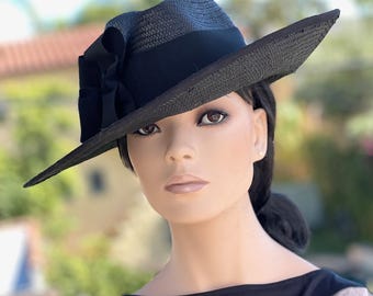 Women's Formal Black Wide Brim Hat, Derby hat Women's Formal Black Fedora Funeral Hat Royal Ascot Hat, Princess Kate Hat, Kentucky Derby Hat