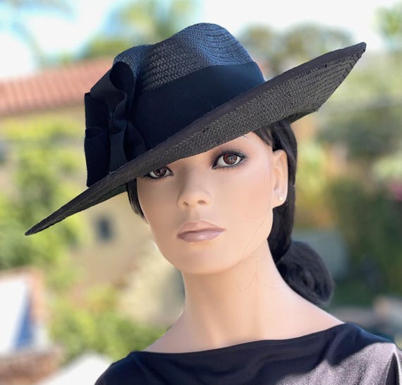 Women's Formal Black Wide Brim Hat, Derby hat Women's Formal Black Fedora Funeral Hat Royal Ascot Hat, Princess Kate Hat, Kentucky Derby Hat