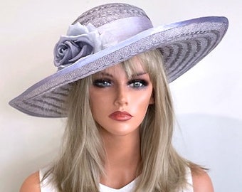 Kentucky Derby Hat, Wedding Hat, Ladies Formal Gray Lavender Hat, Wide Brim Hat, Mother of Bride Hat Mother of Groom Hat Ladies Formal Hat,