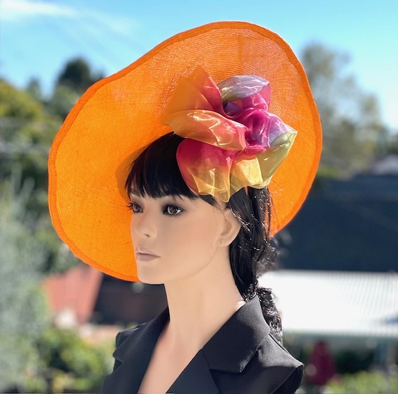 Kentucky Derby Hat Women's Orange Saucer Hat Races Disc Hat Women's Formal Rainbow Multicolor Hat Wedding Hat Derby Fascinator Hat