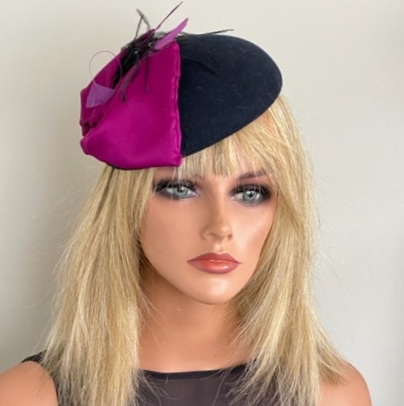 Pillbox Hat, Women's Winter Fascinator Hat, Cocktail Hat, Women's Formal Felt Hat, Black & Raspberry Fascinator Hat, Percher Hat Wedding Hat