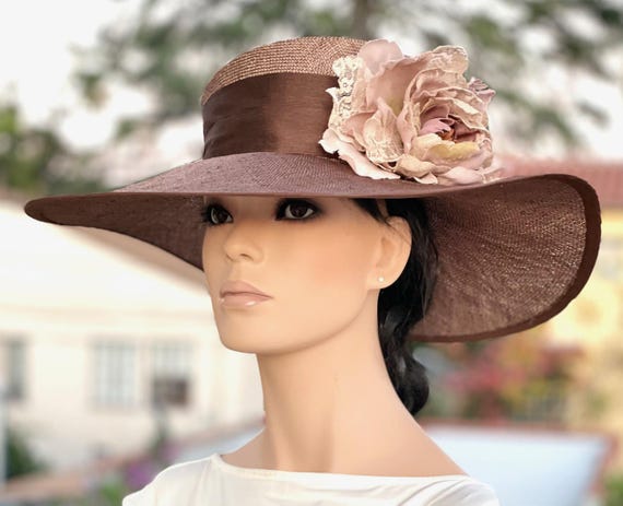 Brown Derby Hat, Wide Brim Wedding Church Hat, Kentucky Derby Hat, Formal Hat, Wide Brim Hat, Dressy Hat, Tea Party Hat, Garden Party Hat