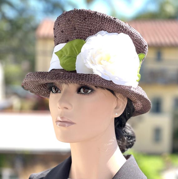 Women's Dark Brown Straw Hat,  Formal Chocolate Straw Hat, Carriage Hat, Wedding Hat, Wedding Guest Hat, Cheltenham Races Hat, Derby Hat