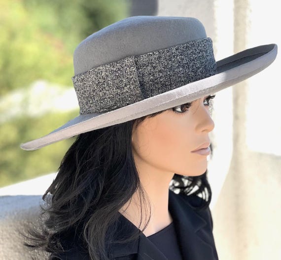 Gray Wool Felt Princess Kate Hat, Women's Wide Brim Fall Winter Gray Hat Wedding Guest Hat, Women's Formal Gray Winter Hat, Millinery,