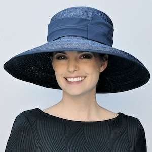 Ladies Navy Wide Brim Hat, Wedding Hat Church Hat, Audrey Hepburn Hat women&#39;s formal hat Elegant Navy Dressy Chemo hat, big hat Occasion Hat