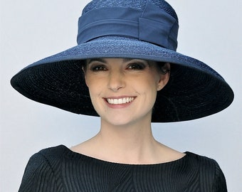 Ladies Navy Wide Brim Hat, Wedding Hat Church Hat, Audrey Hepburn Hat women's formal hat Elegant Navy Dressy Chemo hat, big hat Occasion Hat