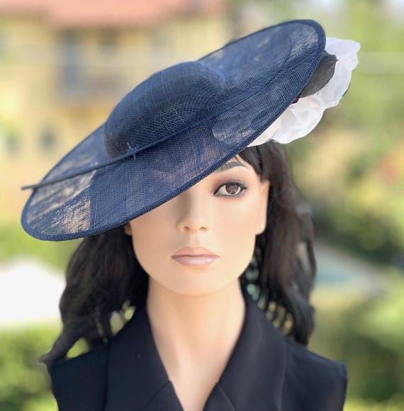 Women's Navy Blue Formal Hat Wedding Guest Hat Ascot Navy Hat Race Day Hat Navy Saucer Disc Hat Mother of Bride Hat Mother of Groom Hat
