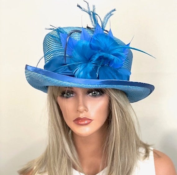 Women's Kentucky Derby Hat, Formal Blue Straw Hat, Church Hat, Women's Top Hat Hat, Royal Ascot Hat, Millinery, Wedding Guest Hat