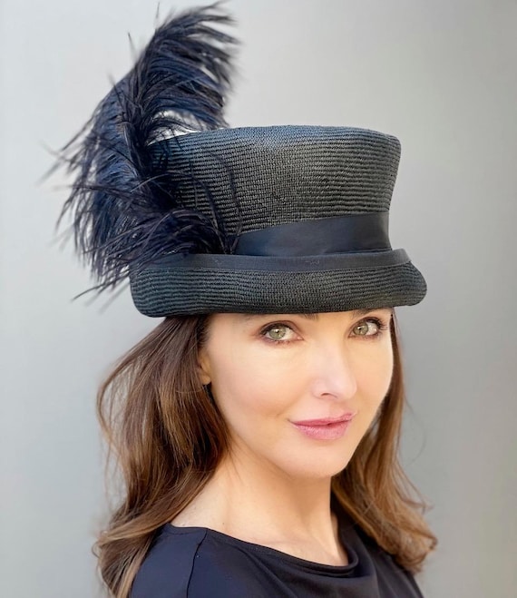 Women's Black Top Hat Mad Hatter with feathers Women's Black Steampunk Hat Feather Top Hat, Occasion Hat, Royal Ascot Hat, Victorian Top Hat