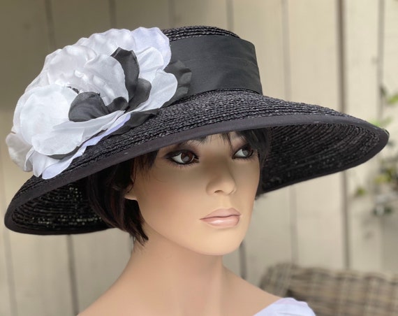 Kentucky Derby Hat, Women's Black and White Formal Hat, Wide Brim Hat, Church Hat, Wedding Hat