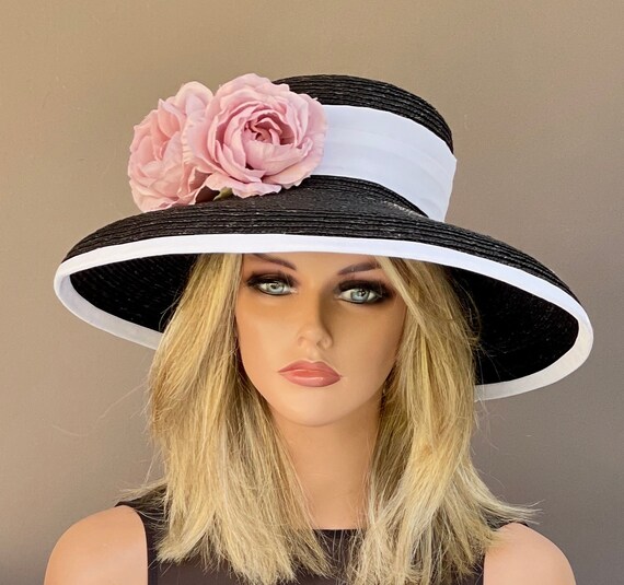 Kentucky Derby Hat, Wedding Hat, Church Hat, Wide Brim Hat, Special Occasion Hat, Black white pink hat, Audrey Hepburn Hat