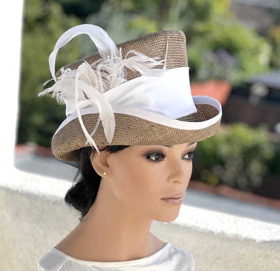 Kentucky Derby Hat, Women's Feather Top Hat, Royal Ascot Hat, Women's Formal Straw Summer Hat, Carriage Hat