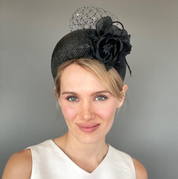 Women's Black Headband Halo Hat, Black Fascinator, Cocktail Hat, Ladies Black formal Hat, Black Fascinator Hat Princess Kate Hat Evening Hat
