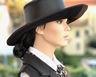 Women's Black Wide Brim Formal Winter Wool Felt Hat Derby Church Hat Funeral Hat  Handmade Millinery Spanish Gaucho Hat CheltenhamRaces Hat