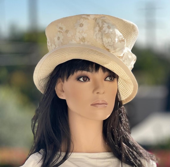 Wedding Hat Cream Mad Hatter Top Hat Women's Formal Straw Hat Church hat, Women'sSummer Hat Tea Party Hat Wedding Guest Hat Garden Party Hat
