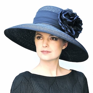 Women&#39;s Ladies Navy Wide Brim Hat Wedding Guest Hat Women&#39;s Formal Navy Hat Audrey Hepburn Hat Church Hat Occasion Hat Mother of Groom Hat
