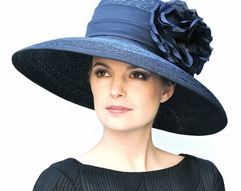 Women's Ladies Navy Wide Brim Hat Wedding Guest Hat Women's Formal Navy Hat Audrey Hepburn Hat Church Hat Occasion Hat Mother of Groom Hat