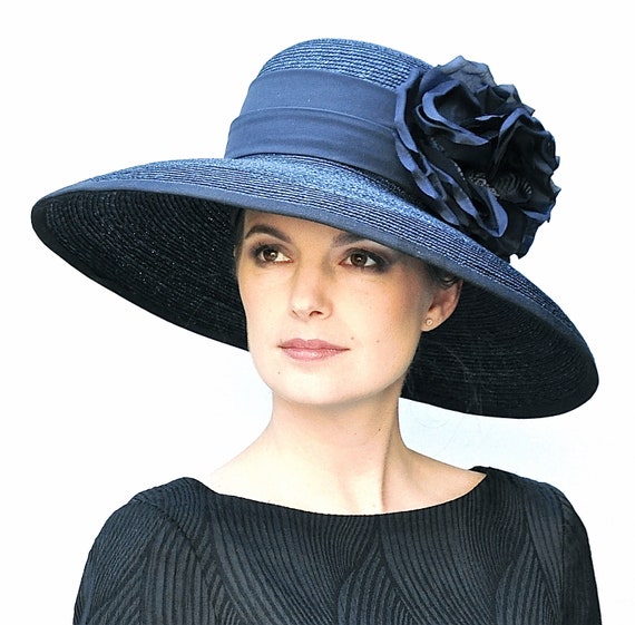 Women's Ladies Navy Wide Brim Hat Wedding Guest Hat Women's Formal Navy Hat Audrey Hepburn Hat Church Hat Occasion Hat Mother of Groom Hat