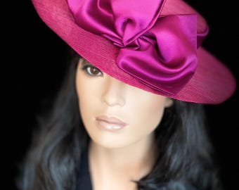 Women's Boater Hat, Wedding Guest Hat,, Ascot Hat, Formal Hat, Garden Party Hat, Tea Party Hat. Women's Derby Hat, Church Hat Fuchsia Boater