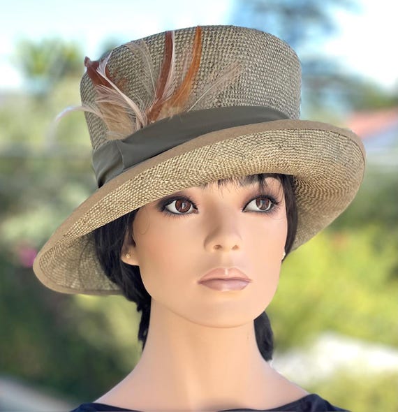 Women's Formal Olive Green Hat, Women's Fall Autumn hat, Derby Hat, Wedding Guest Hat, Millinery Hat, Angled Top Hat Carriage Hat Mad Hatter