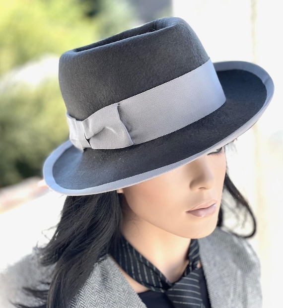 Handmade Gray Wool Felt Fedora, Women's Tailored Gray Wool Felt Winter Hat, Women's Gray Fedora, Mid Century Hat, Millinery, Gray Trilby Hat