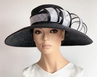 Kentucky Derby Hat, Women's Black and White Wide Brim Hat, Wedding Hat, Audrey Hepburn Hat, Occasion Hat, Women's Formal Hat Royal Ascot Hat