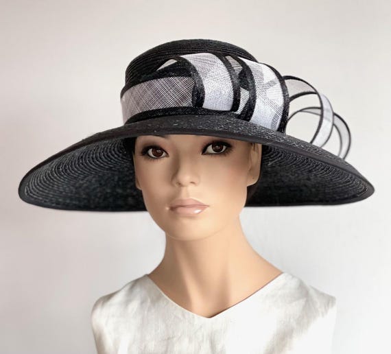 Kentucky Derby Hat, Women's Black and White Wide Brim Hat, Wedding Hat, Audrey Hepburn Hat, Occasion Hat, Women's Formal Hat Royal Ascot Hat